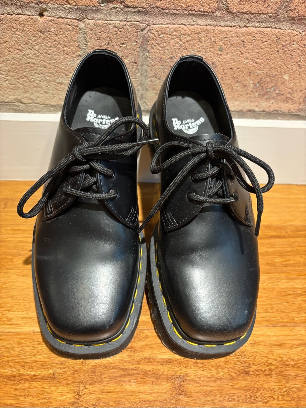 Dr. Martens Black Leather Lace-Up 3-Eye Oxfords with Yellow Stitching